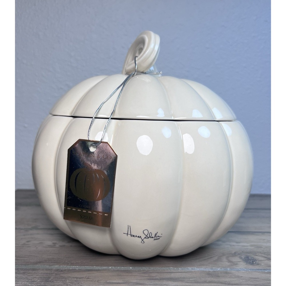2009 Harry Slatkin Bath & Body White Ceramic Fall Pumpkin Cookie Jar Candy Dish - Picture 11 of 12